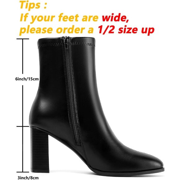 Women's Black Chunky Block Heel Square Toe Side Zipper Short Booties - Picture 4 of 9